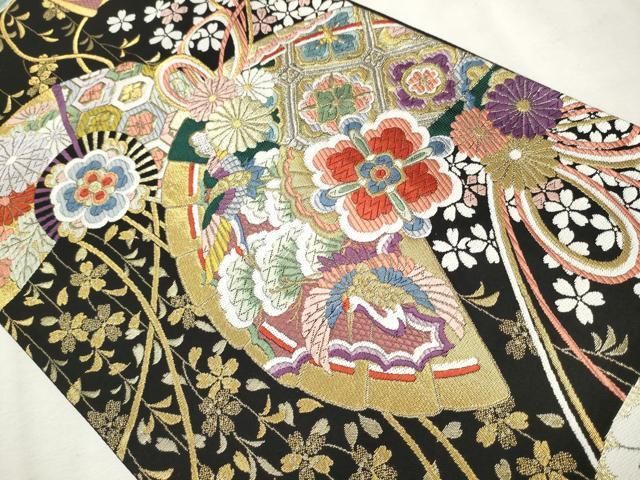 平和屋着物●六通柄袋帯　唐織　扇重ね　黒地　金銀糸　正絹　逸品　CAAW4438hy 平和屋着物○六通柄袋帯 唐織 扇重ね 黒地 金銀糸 正絹 逸品