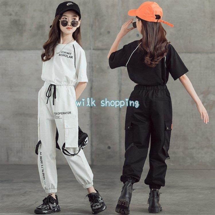ダンス 衣装 キッズ HIPHOP ヒップホップ 子供 女の子 韓国 子供服 カーゴパンツ ダンスウェア お揃い  ギャル  黒 白 演出 舞台 ジャズ  応援団 発表会