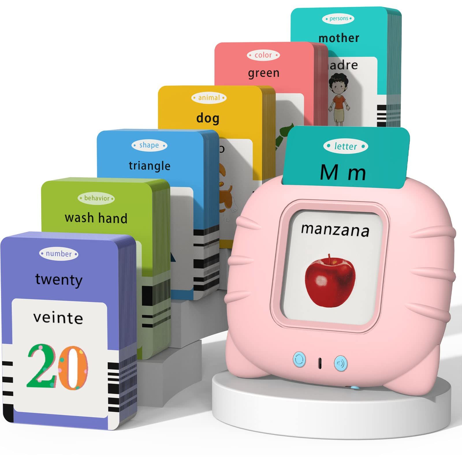 Startcan スペイン語u0026英語を話すフラッシュカード 幼児用 1 2 3 4 5 6 子供がスペイン語を学ぶための可聴おもちゃ - カード258枚と516ワード(ピンク) [516-バイリンガル-ピンク(New Abc+123+ 4曲)。]