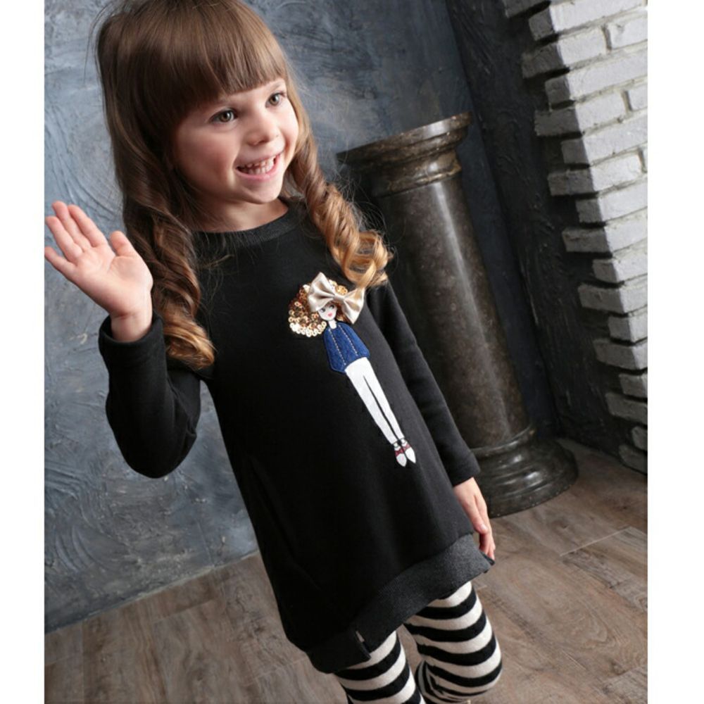 BLACK  150cm  モメントワンピース(リボンブローチセット) キッズ ワンピース 女の子 長袖 キッズワンピース 10003043 長袖ワンピース 冬 秋冬 スパンコール ポケット付き リボンブローチ付き アッ