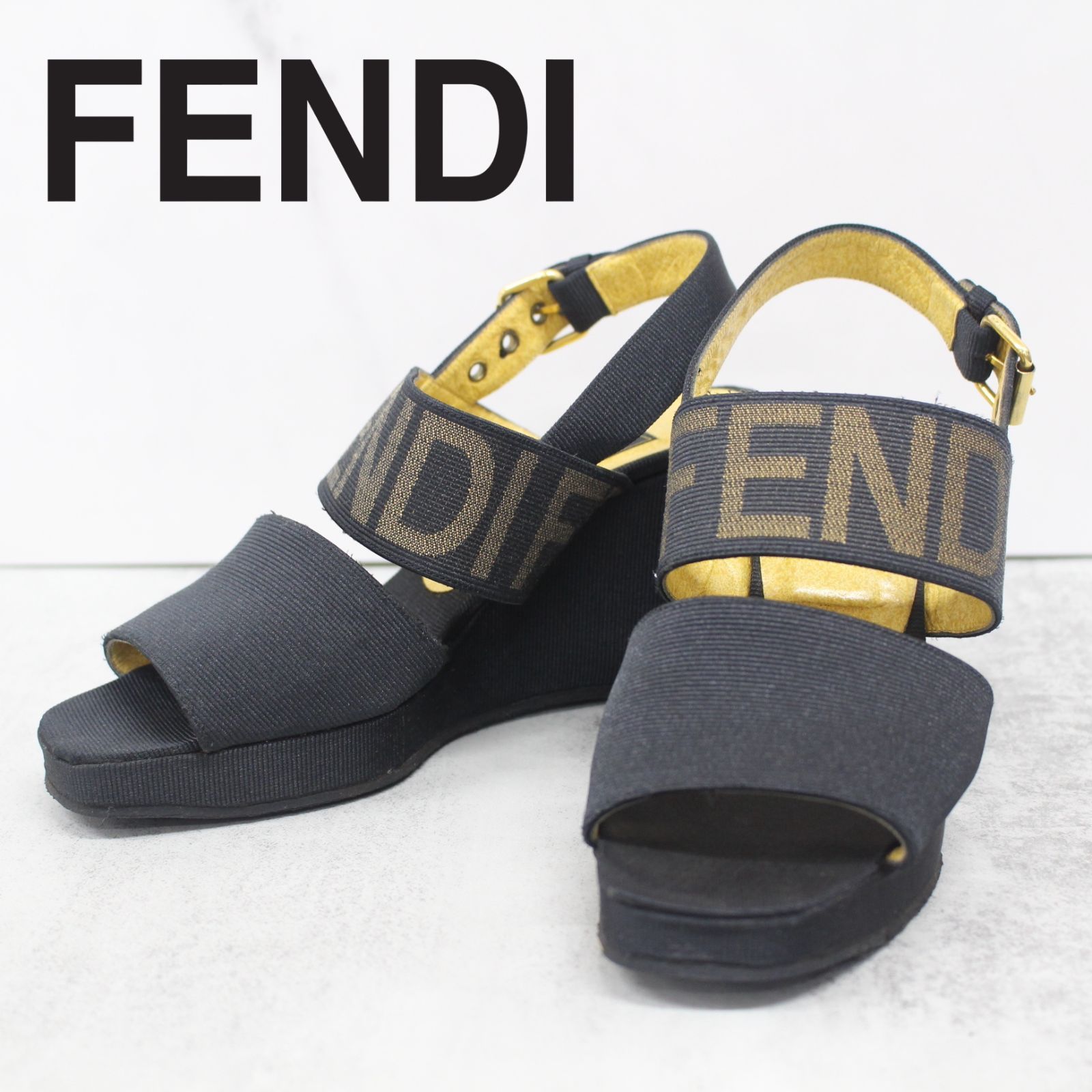 S254)FENDI ズッカ柄 ヒールサンダル ブラック レディース