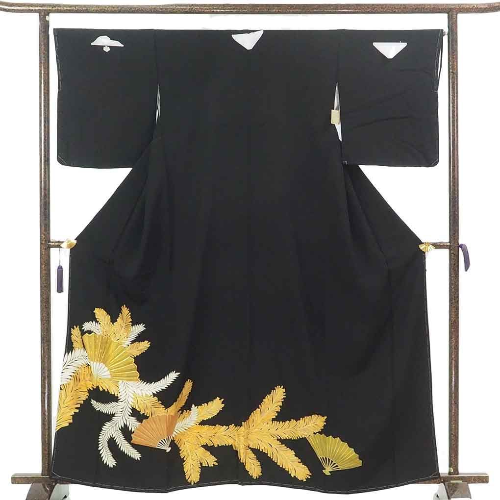 黒留袖 身丈162cm 裄67cm 前幅25cm 後幅30cm 袖丈49cm 袖幅34cm レディース 扇面 裄長 裄Lサイズ 年中着用可 正絹 シルク ブラック リメイク リユース リサイクル 呉服のきくや