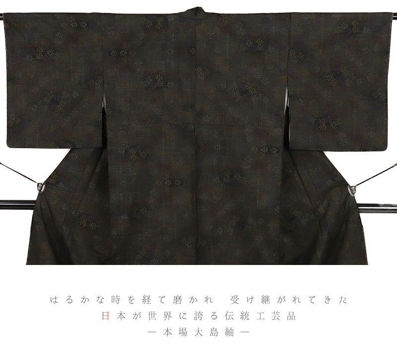 本場 大島紬 古代染色純泥染 入来玄彩 正絹 黒地 絣 花 菊 7マルキ