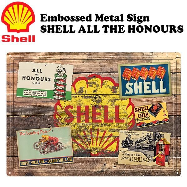 シェル ブリキ看板】SHELL エンボス メタルサイン レトロ 看板