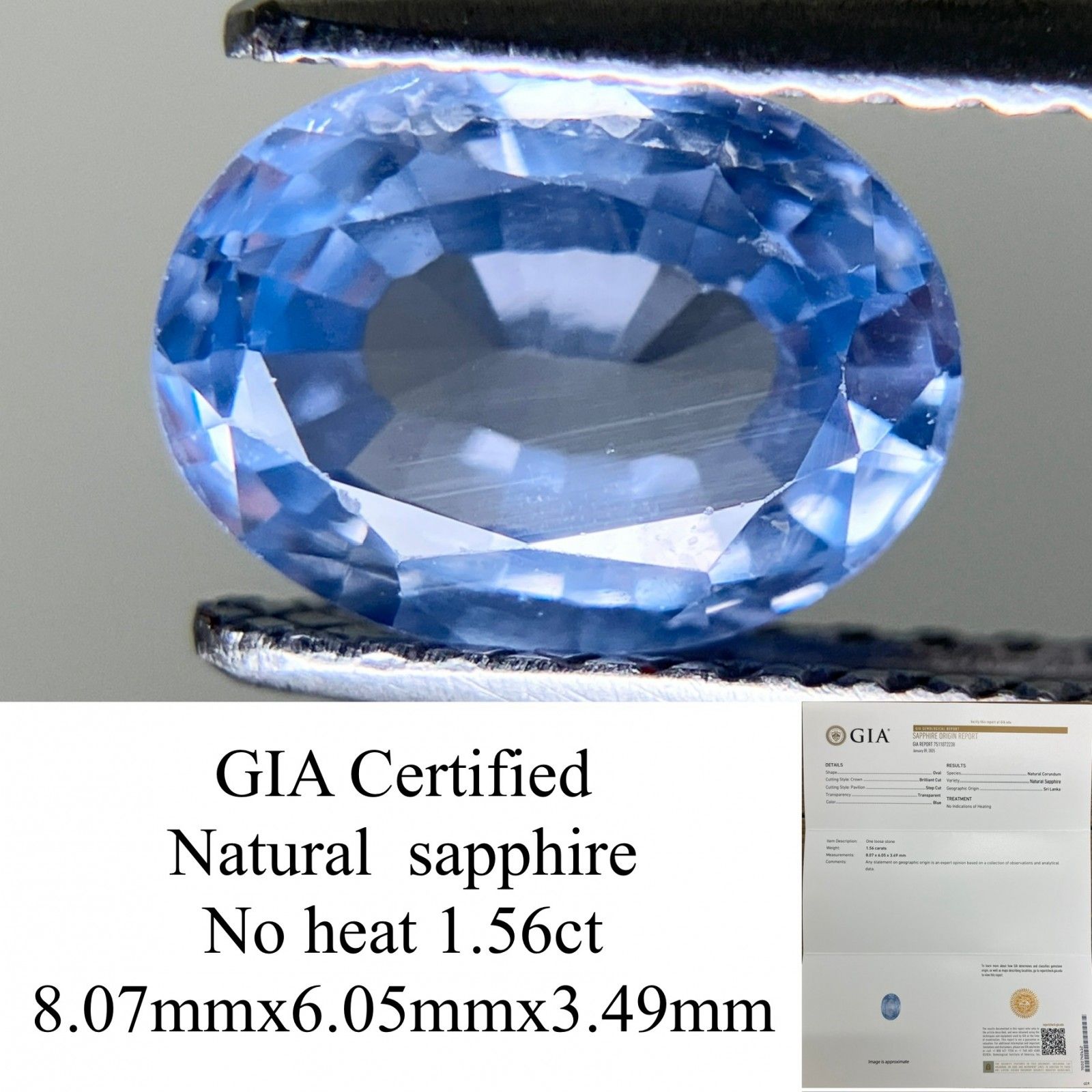 サファイア 1.56ct GIA鑑別書付き 非加熱 8.07×6.05×3.49 ルース（ 裸石 ） 3442YY