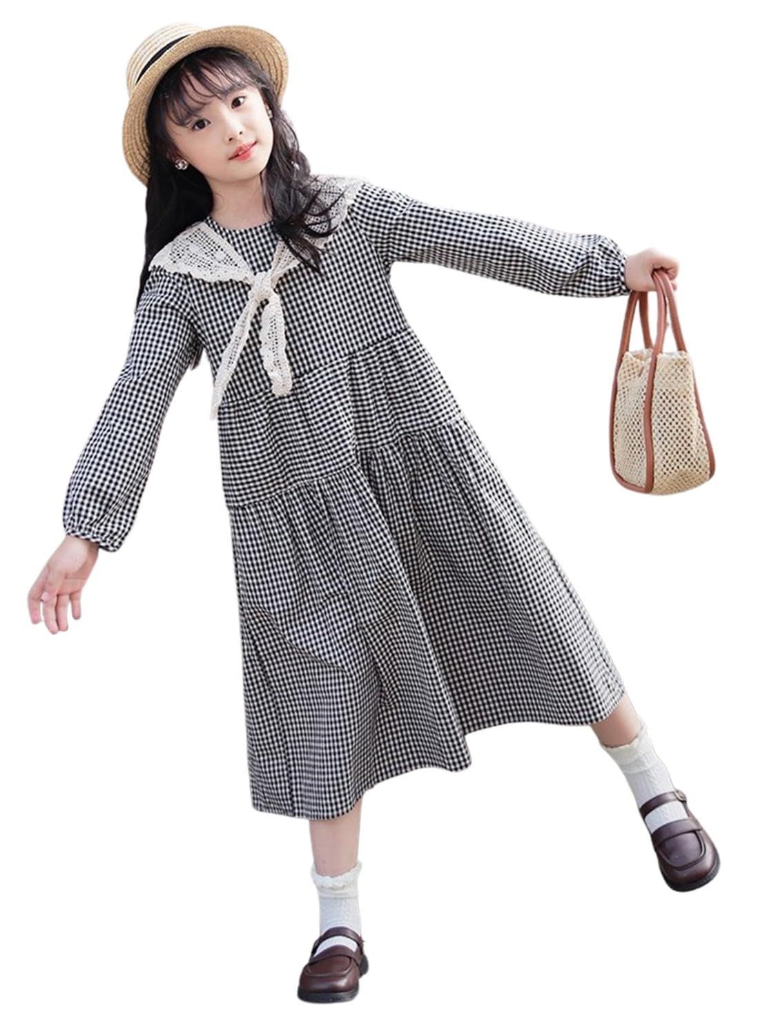 130_ブラック＋チェック柄 [美瑛屋] 子供服 可愛いチェック柄 ワンピース 長袖 女の子 つけ襟 ショール レイヤード ロング丈 フレア 韓国服 発表会 結婚式 普段着 カジュアル 春 秋 冬 ブラッ