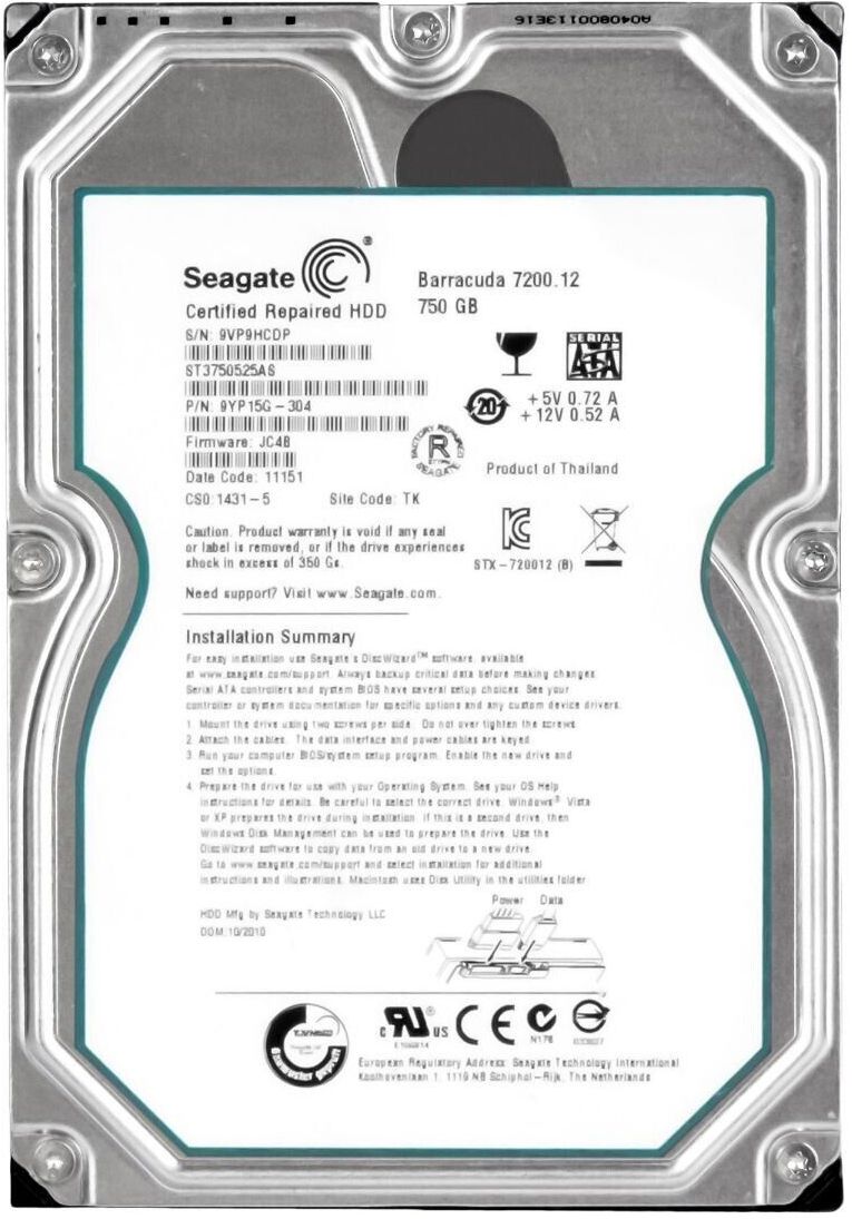 Seagate Barracuda 7200.12 ST3750525AS 750GB 7200 32MB SATA III ハードドライブ