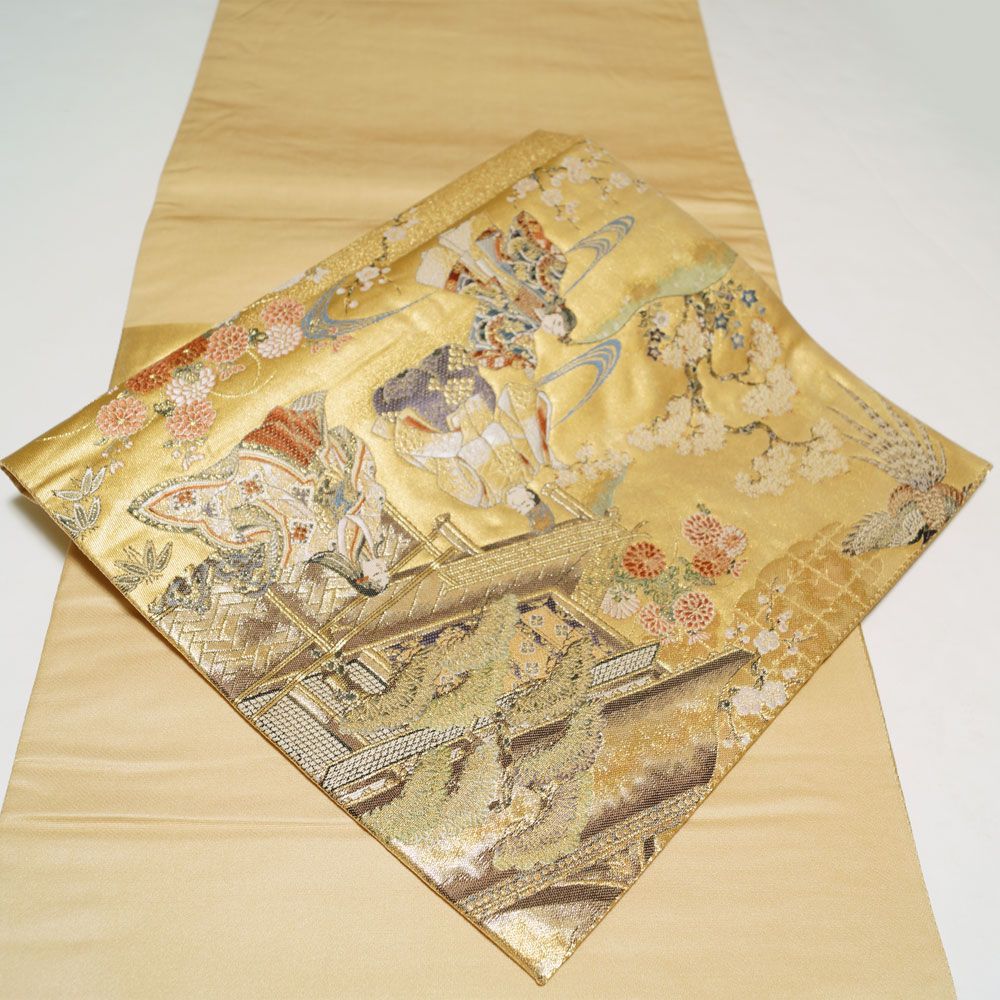 袋帯 宮中の公達模様 本金箔 金糸 金系 【 中古 袋帯 リサイクル