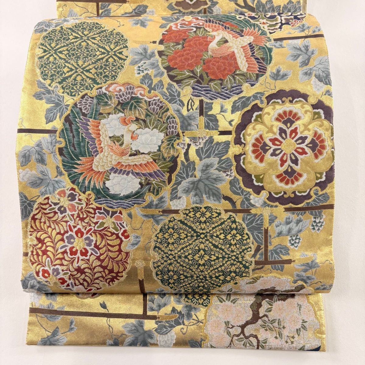 袋帯 秀品 雪輪 花鳥 本金箔 金糸 金色 六通 正絹