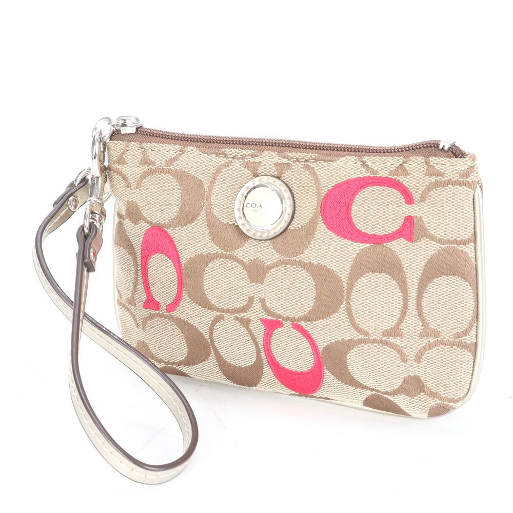 COACH ブラウンキャンバスポーチ 収納袋付き 美品 コーチ シグネチャー キャンバス ストラップ付 ポーチ
