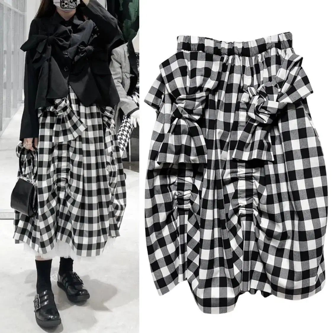 COMME des GARÇONS チェック柄 ひざ丈スカート コムコム コムデギャルソンCOMME des GARCONS 異素材パッチ
