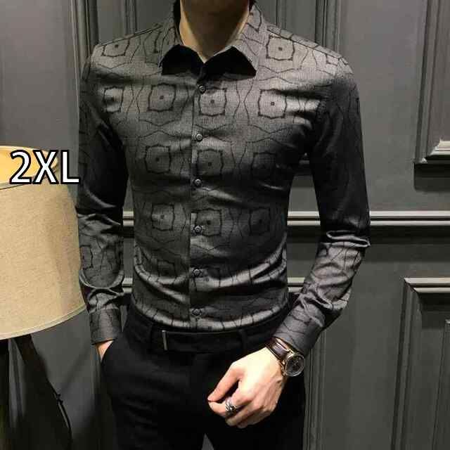 2XL 秋冬 コーデ メンズ 服 シンプル ファッション オシャレ 大人 かっこいい 大きいサイズ ストリート 紳士服 プリント シャツ 長袖 スリム カジュアル ビジネス ウェア ノー アイロン