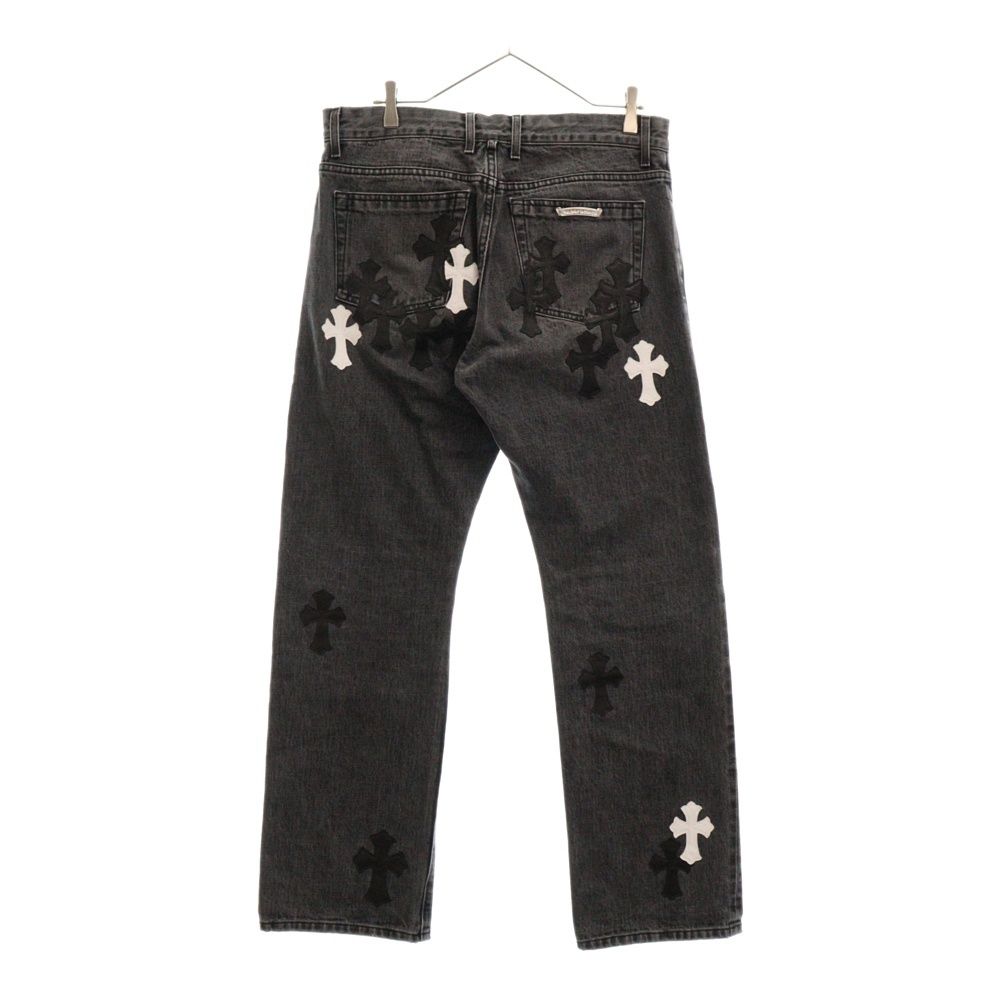 CHROME HEARTS (クロムハーツ) JEAN SL FLEURKNEE クロスパッチ付きフレアニーステッチデニムパンツ ブラック