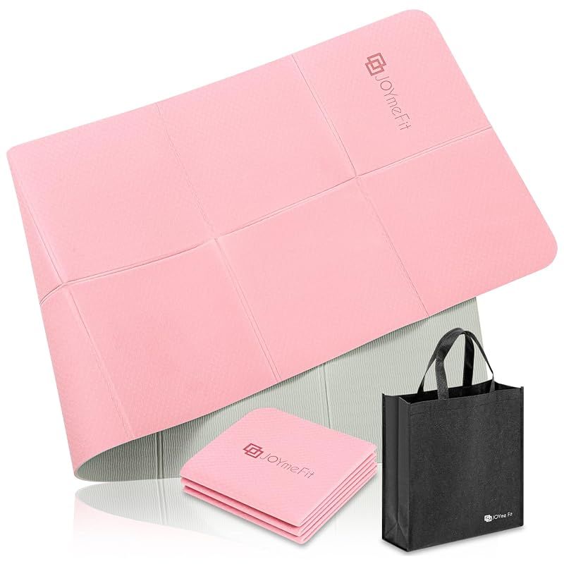 【特価商品】JOYme ヨガマット 折りたたみ (ライトピンク × ライトグレー/厚さ 6mm / 収納袋付き/TPE素材) ヨガ トレーニングマット ストレッチマット 筋トレマット エクササイズ マット (防音/