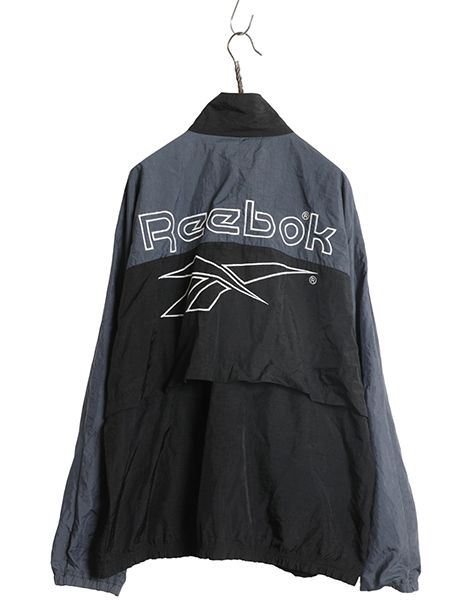 なクーポン配布中! 90s リーボック フルジップ ナイロン トラック ジャケット メンズ L 古着 ウインドブレーカー ジャンパー ビッグ ロゴ刺繍 黒 灰