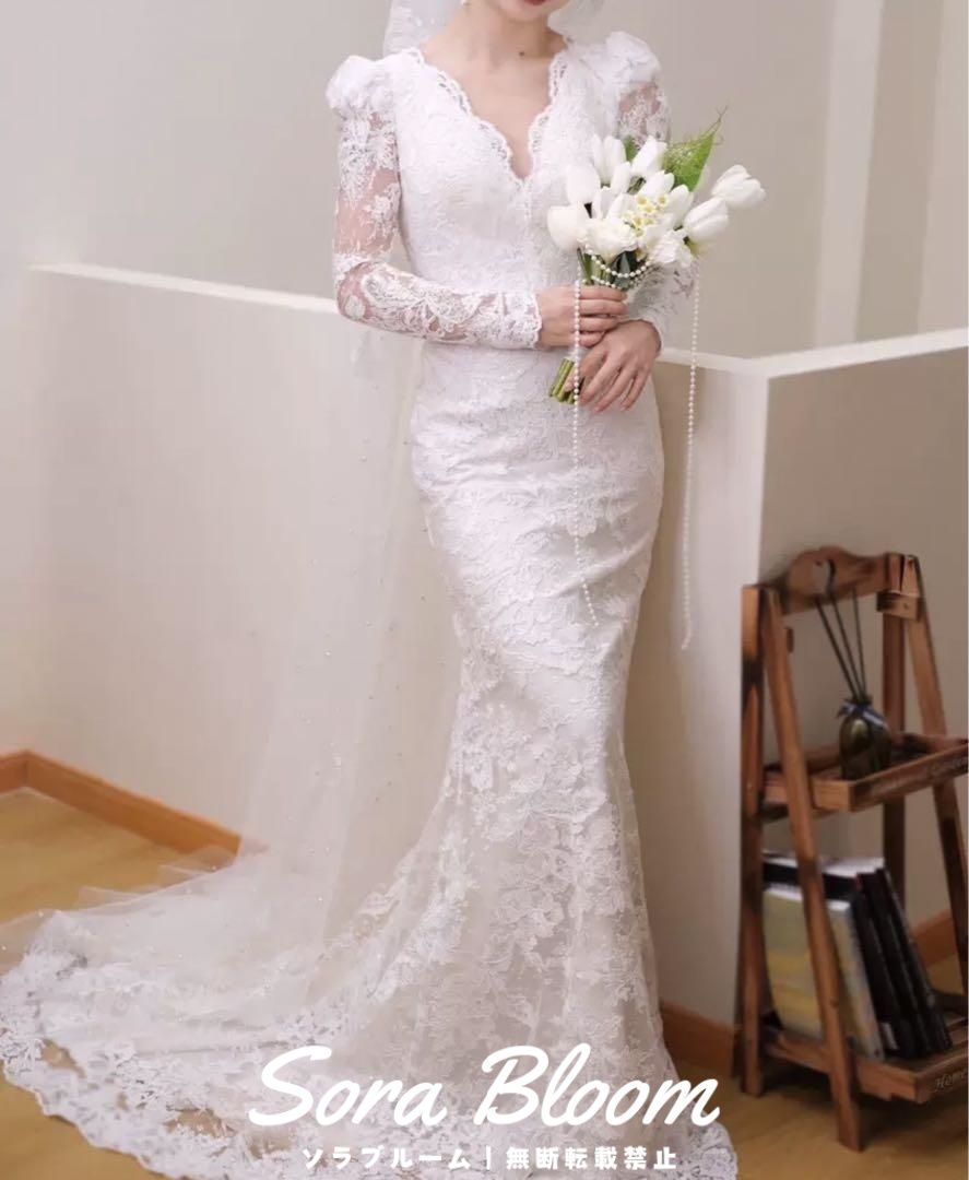 花柄レースが美しい 長袖 マーメイド ウェディングドレス 新品・未使用】花柄レースが美しい 長袖 マーメイド
