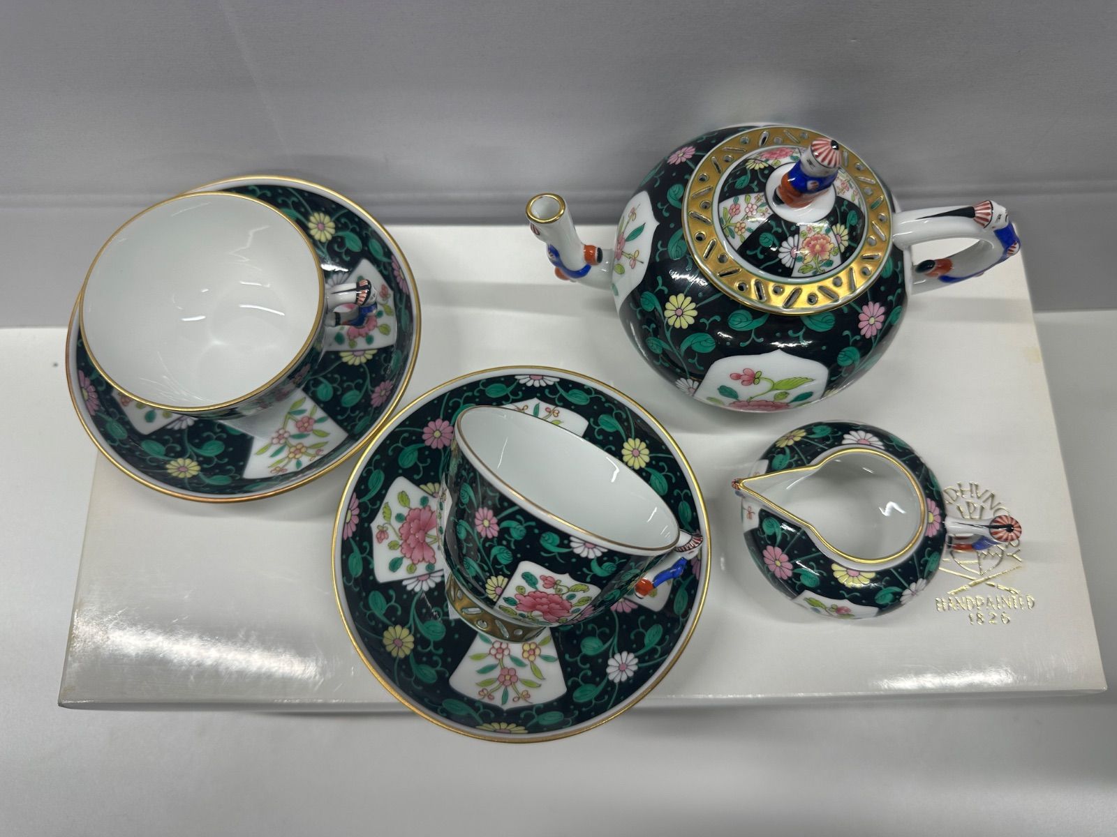 HEREND ヘレンド シノワズリ 西安の黒 SN ティータイムセット カップ-ソーサー クリーマー ティーポット