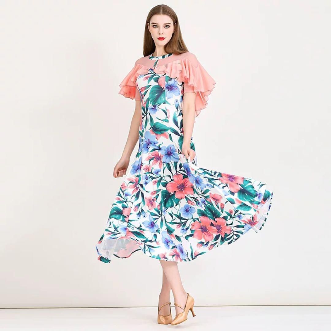 新品未使用 大人気 花柄スタンダード向きワンピース♪ダンスパーティー