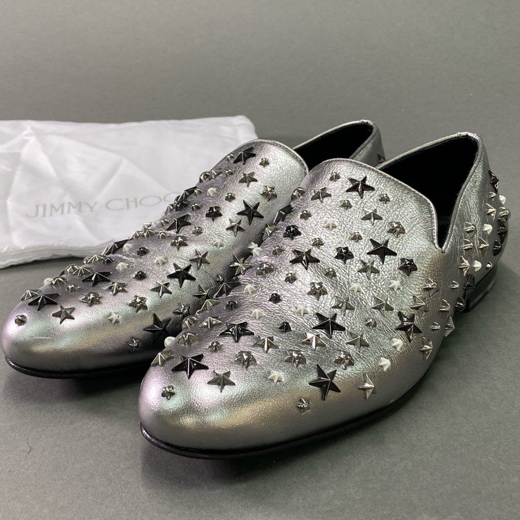 5e10 JIMMY CHOO ジミーチュウ スリッポン ローファー スタースタッズ サイズ41 1|2 メタリックシルバー レザー メンズ イタリア製