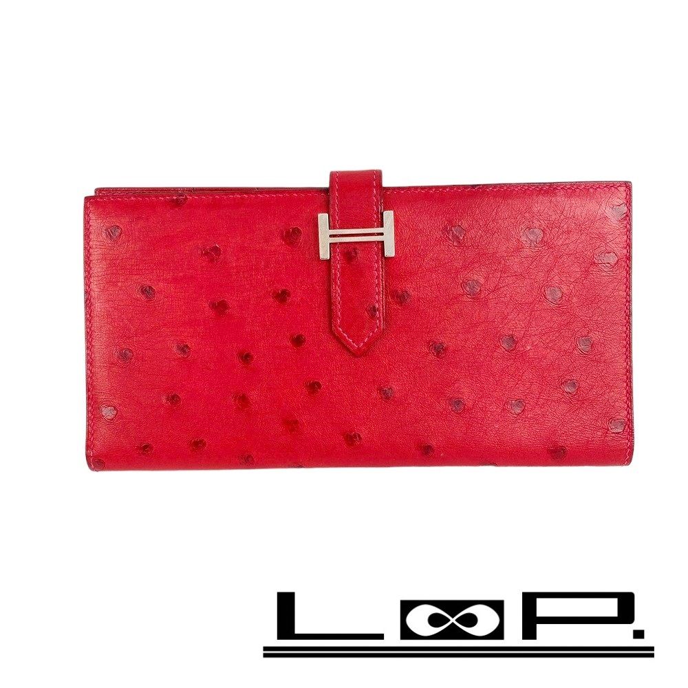 ■美品■　エルメス ベアン 長財布 オーストリッチ レッド C刻 【129056】 □美品□ エルメス ベアン 長財布 オーストリッチ レッド C刻 【129056
