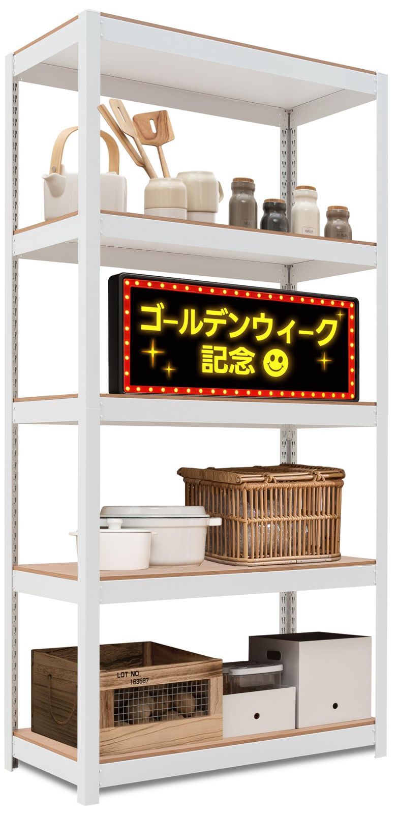 HOMEDANT House 組立簡単 ラミネート スチールラック キッチン 5段 幅90 奥行40 高さ180 ホワイト ホームダント 高さ調整 棚 収納棚 メタルラック クローゼット ガラージ オフィス 業務用