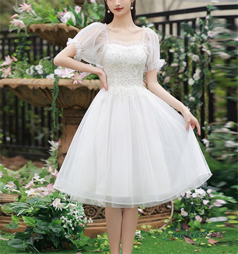 パーティードレス レディース ナイトドレス ミディアムひざ丈 白 ワンピース クラブ イベント 結婚式 洋服 半袖 舞台衣装 発表会 ウェディング プリンセス 公演 nee3x857324