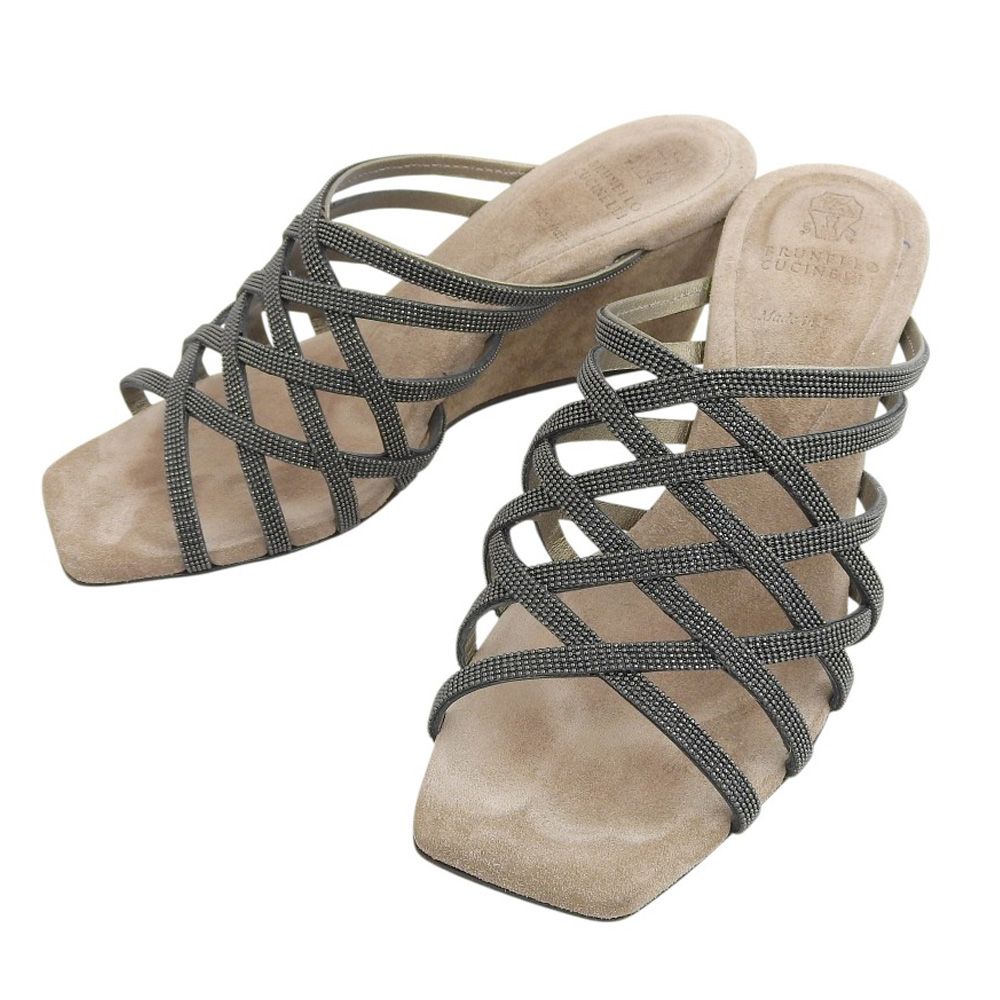 ブルネロクチネリ モニーレストラップサンダル フラット レザー 黒 38 美品 Brunello Cucinelli ブルネロクチネリ モニーレストラップ