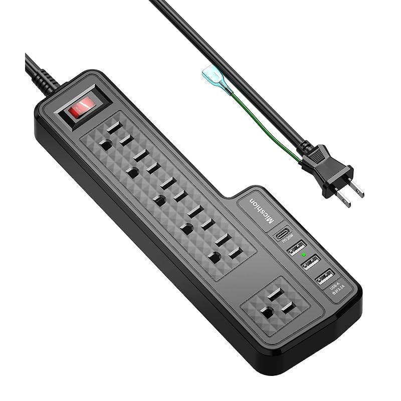 Micshion 電源タップ Type-C付き コンセント（2400Ｗ） 延長コード2m 6AC充電口 4USBポート 壁取付用固定フック 急速充電可能 雷ガード 過負荷保護 タコ足配線 オフィス/家庭給電用 ブラック 1