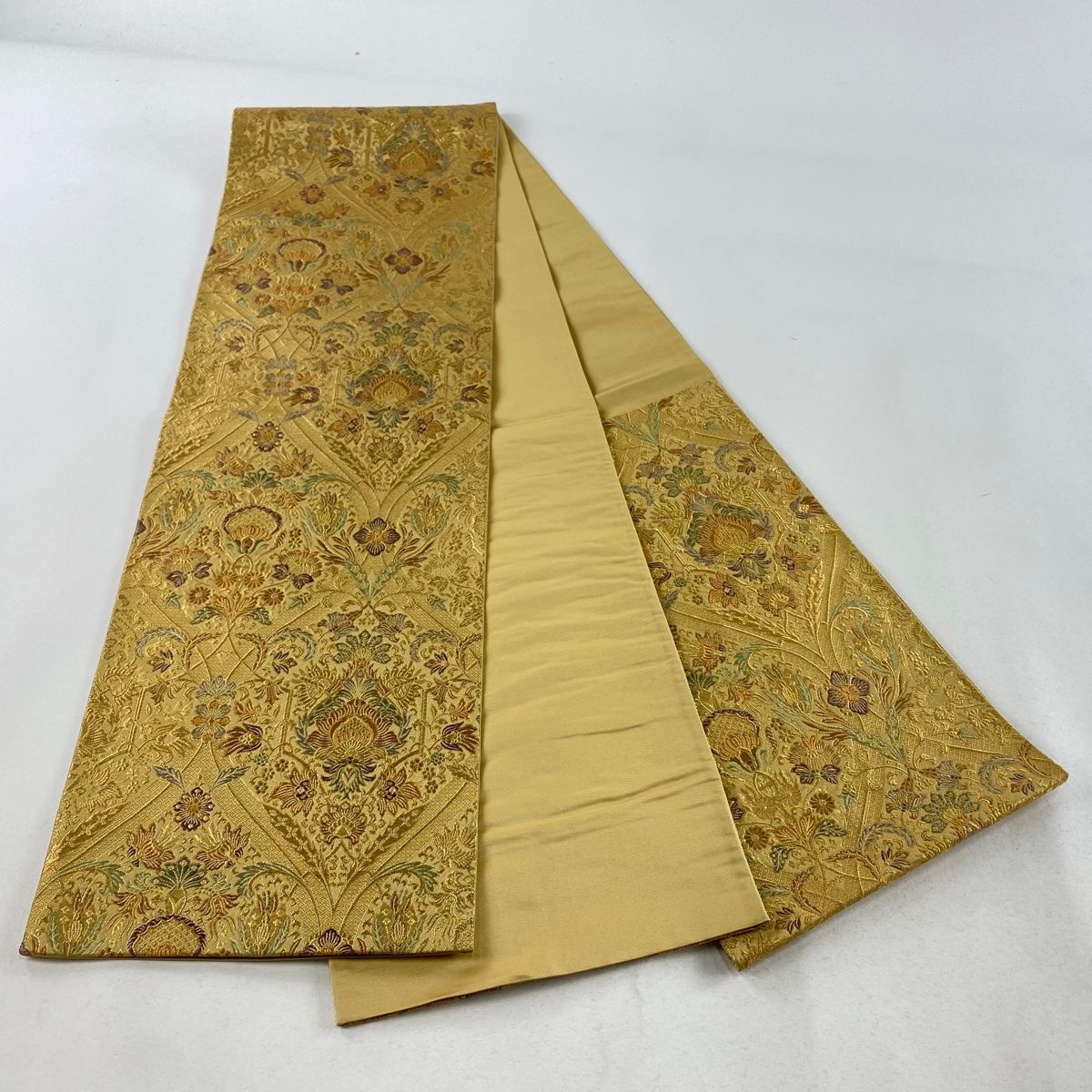 袋帯 美品 秀品 草花 金糸 螺鈿 金色 お太鼓柄 正絹 【中古