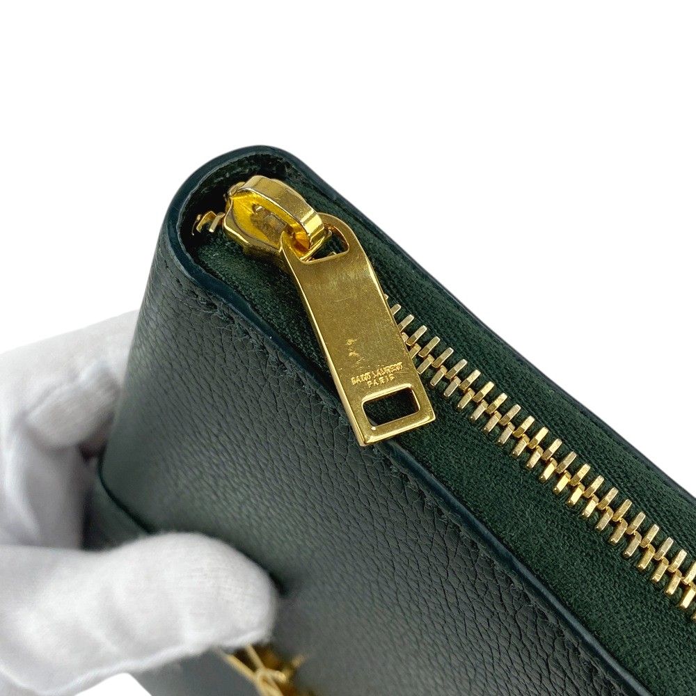 □美品□ サンローラン 長財布 ラウンド ジップ レザー GP グリーン  