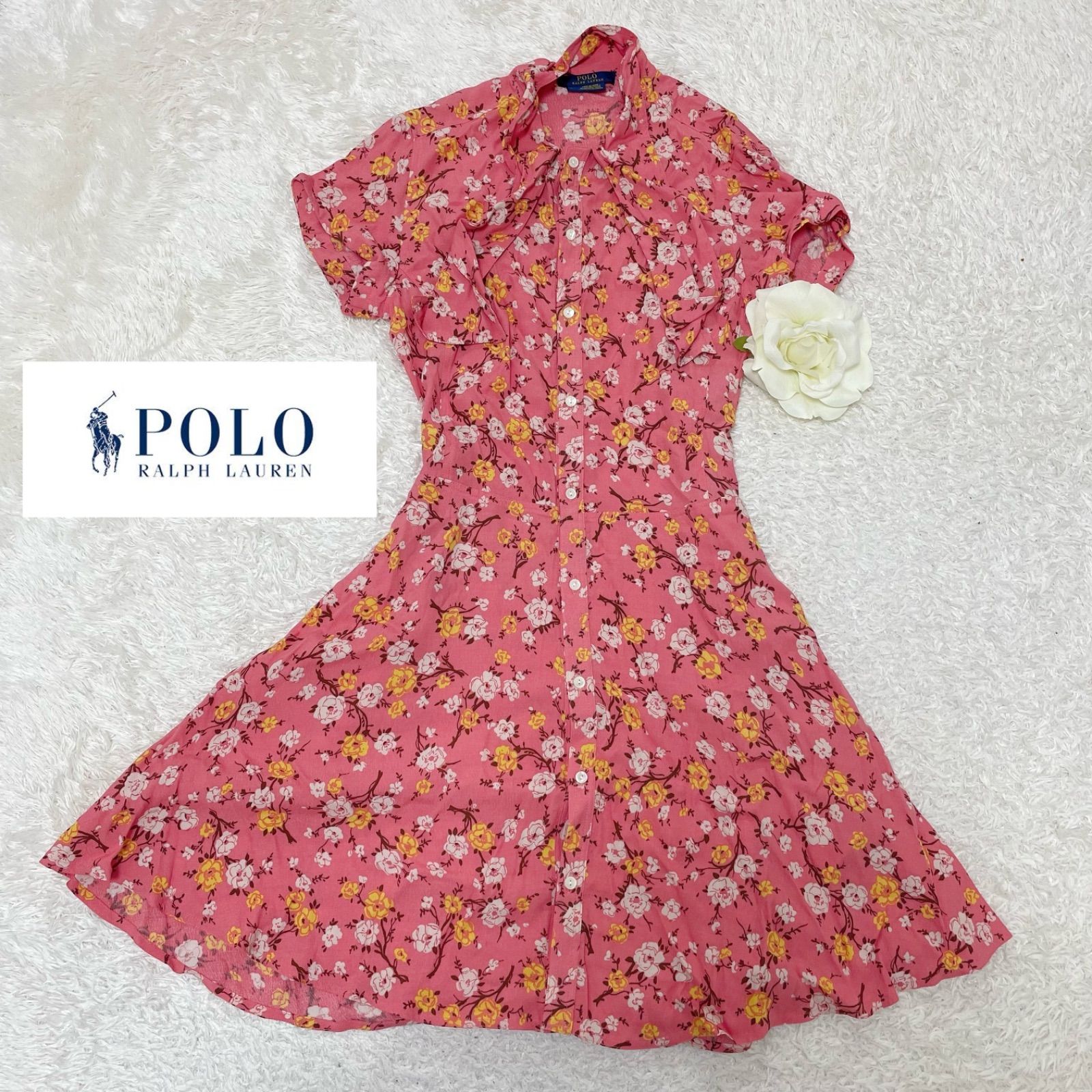 ポロラルフローレン○極美品○シフォンボウタイフレアワンピース 総花