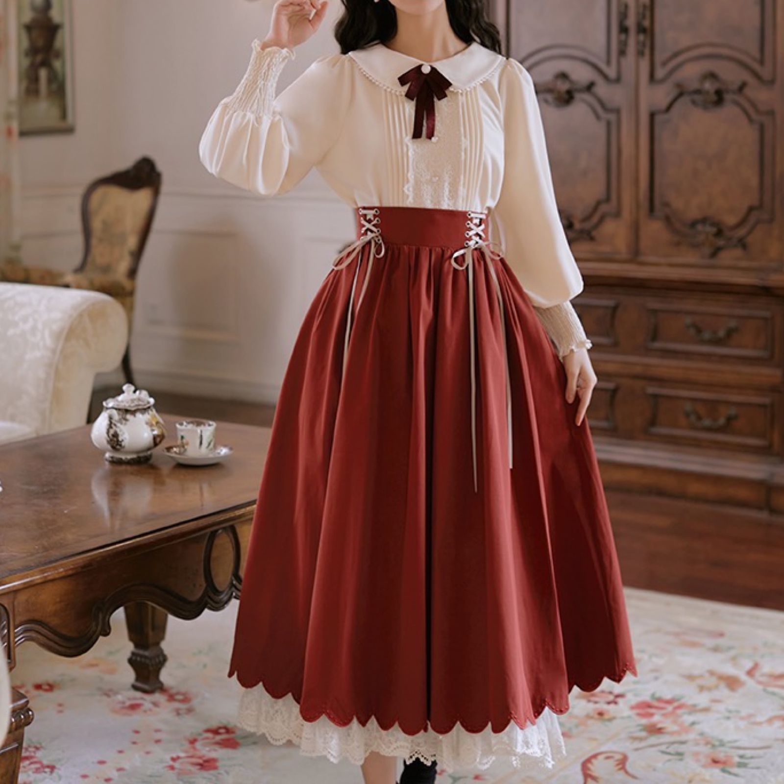 新品】フレンチレトロ♡ブラウス＋レースアップスカート