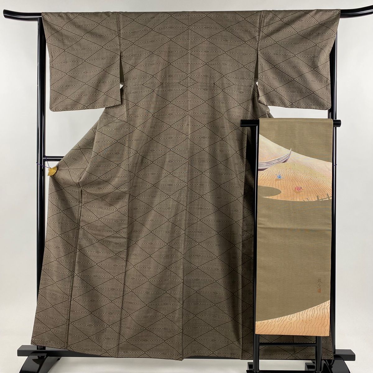 紬 身丈161cm 裄丈65.5cm M 袷 名古屋帯セット 菱 茶色 正絹 秀品