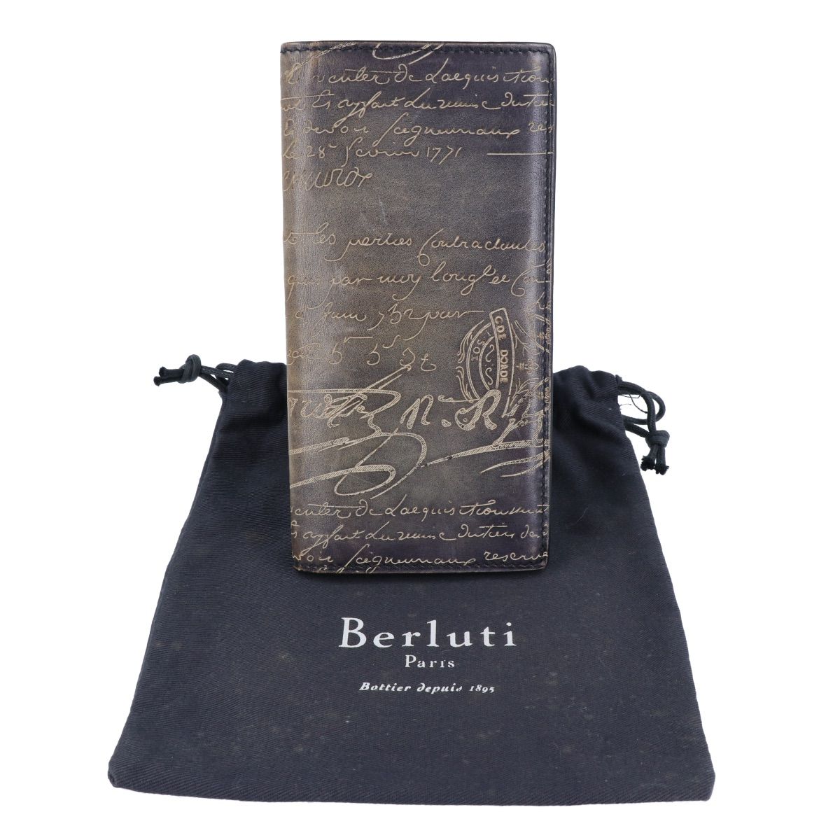 【美品】箱付き　袋付き　ベルルッティ カリグラフィ レザー 長財布 ブラウン 美品】ベルルッティ ラウンドファスナー カリグラフィ 2つ折り長財布