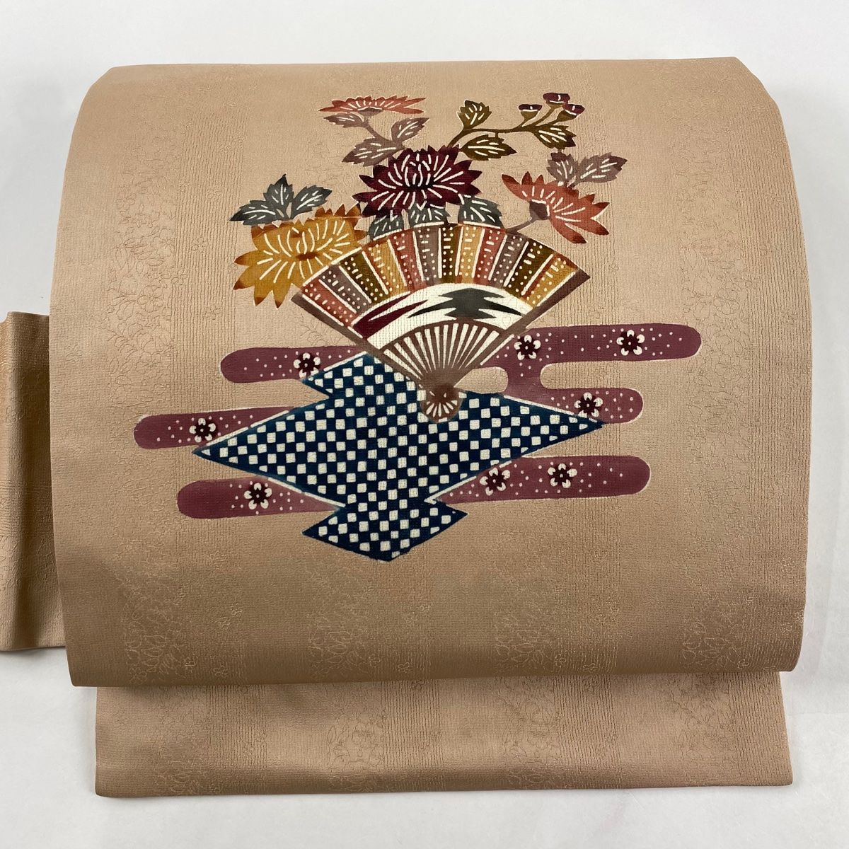 名古屋帯 秀品 扇 ヱ霞 金通し 薄茶色 正絹