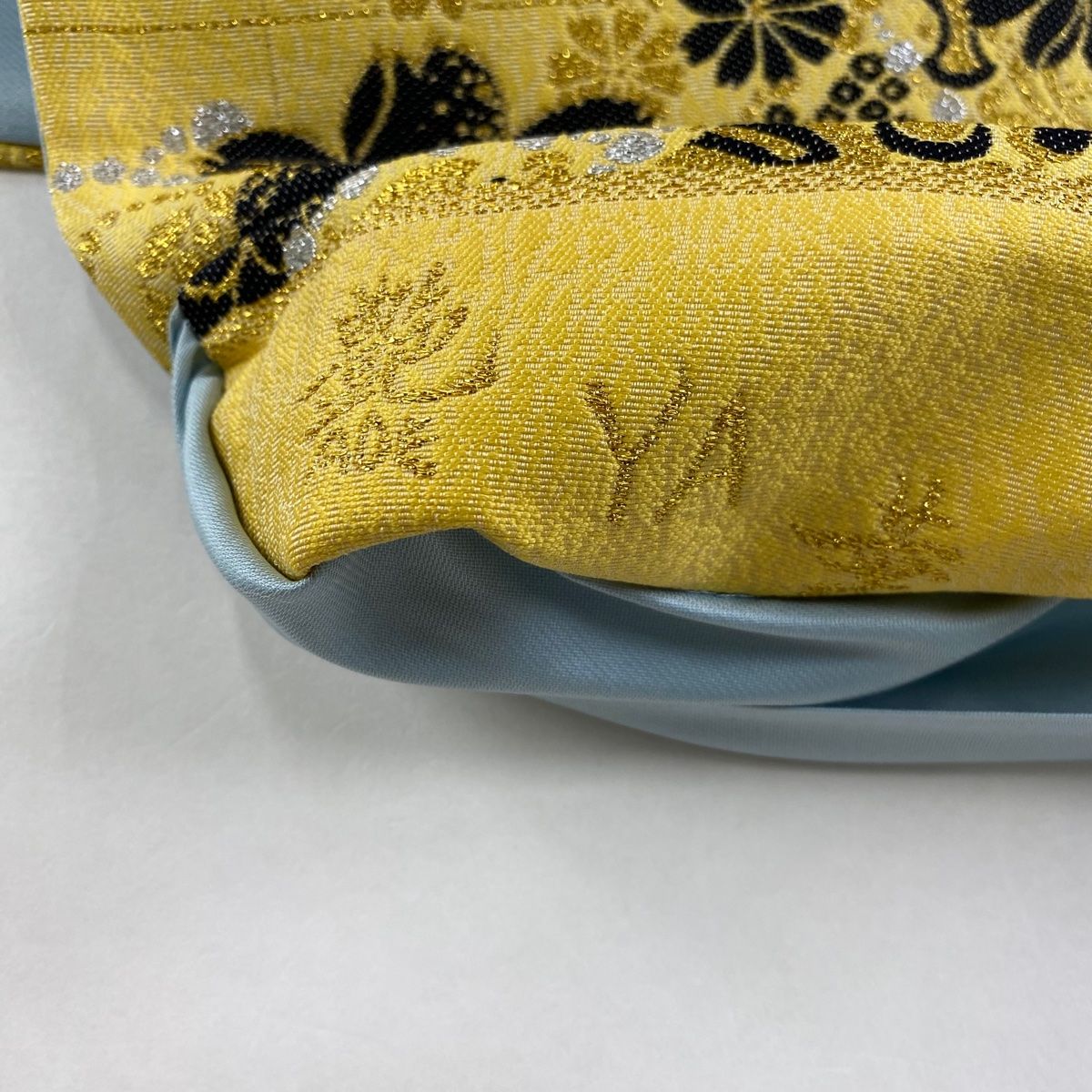 袋帯 美品 秀品 振袖向き 牡丹 格子 箔 ラメ 黄色 六通 正絹