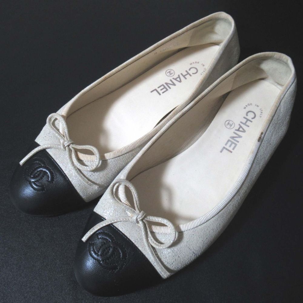 CHANEL シャネル ココマーク リボン バレリーナ フラットパンプス G02819 サイズ39C 25cm相当 ベージュ×ブラック レディース 古着