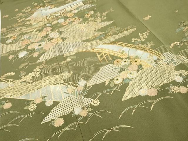 平和屋着物▽豪華色留袖 螺鈿 風景花松文 金銀彩 正絹 逸品