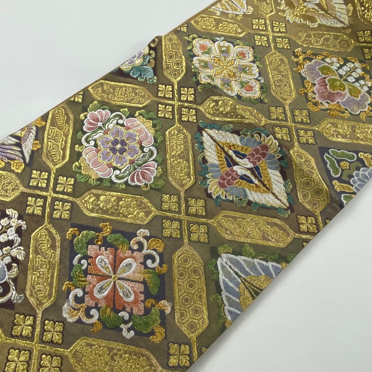 絹＋金属糸 六通柄 煌彩華文 袋帯 金銀彩 未使用に近い極美品 平和屋着物◎六通柄袋帯 錦麗 双鳥花丸文 金銀糸 正絹 逸品