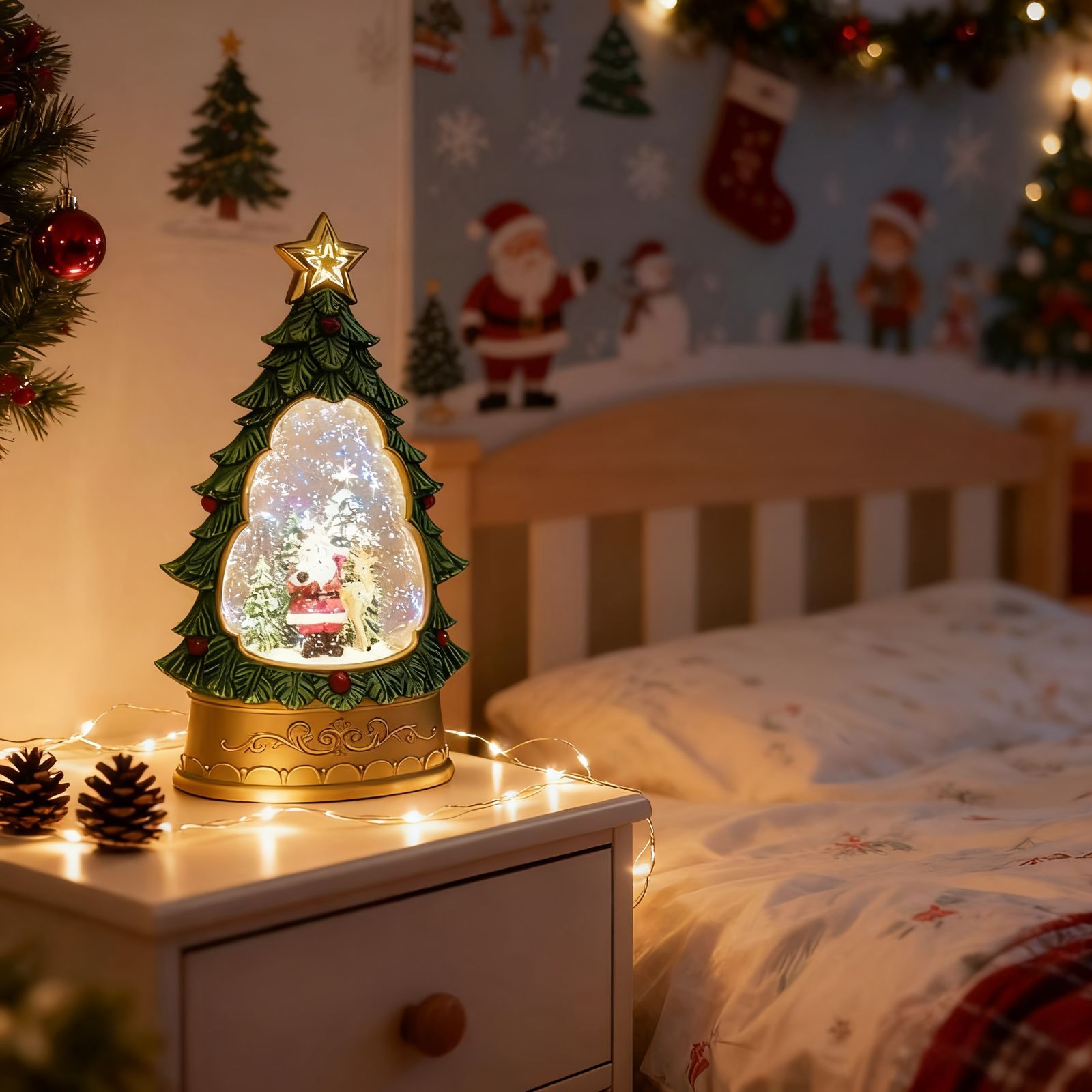 クリスマス LEDライト ナイトライト ナイトランプ ツリーの中にいるサンタクロース スノードーム オブジェ インテリア 冬 寝室 インテリア装飾 おしゃれ 卓上ライト テーブルライト テーブルランプ ベッドライト 電池式 アクリル NEXPOTALLINN_EU