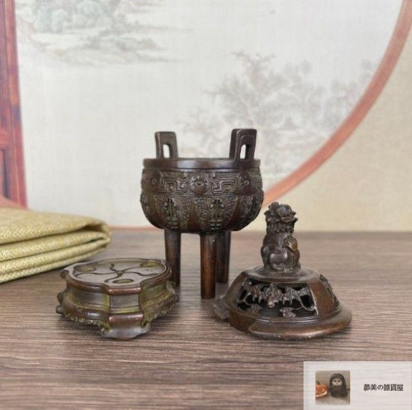 新品】銅器 香炉 双耳三足鼎 瑞獣獅子香炉 薫香炉 茶道 置物