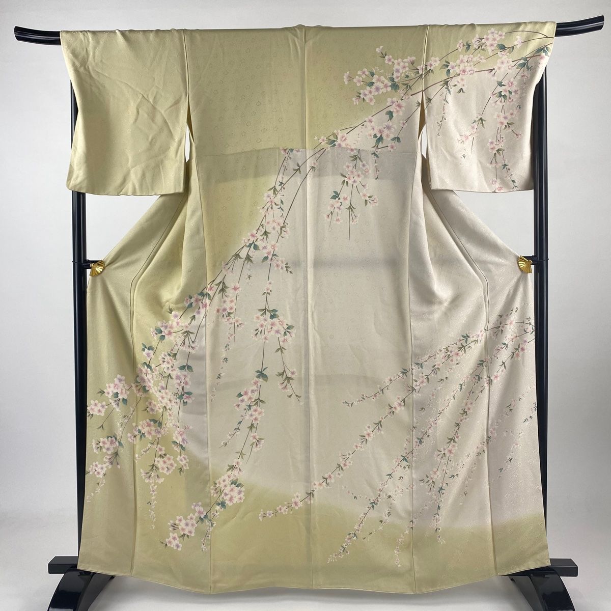 訪問着 身丈164.5cm 裄丈69cm L 袷 ますいわ屋 枝垂れ桜 地紋 染め分け ピンクベージュ 正絹 名品