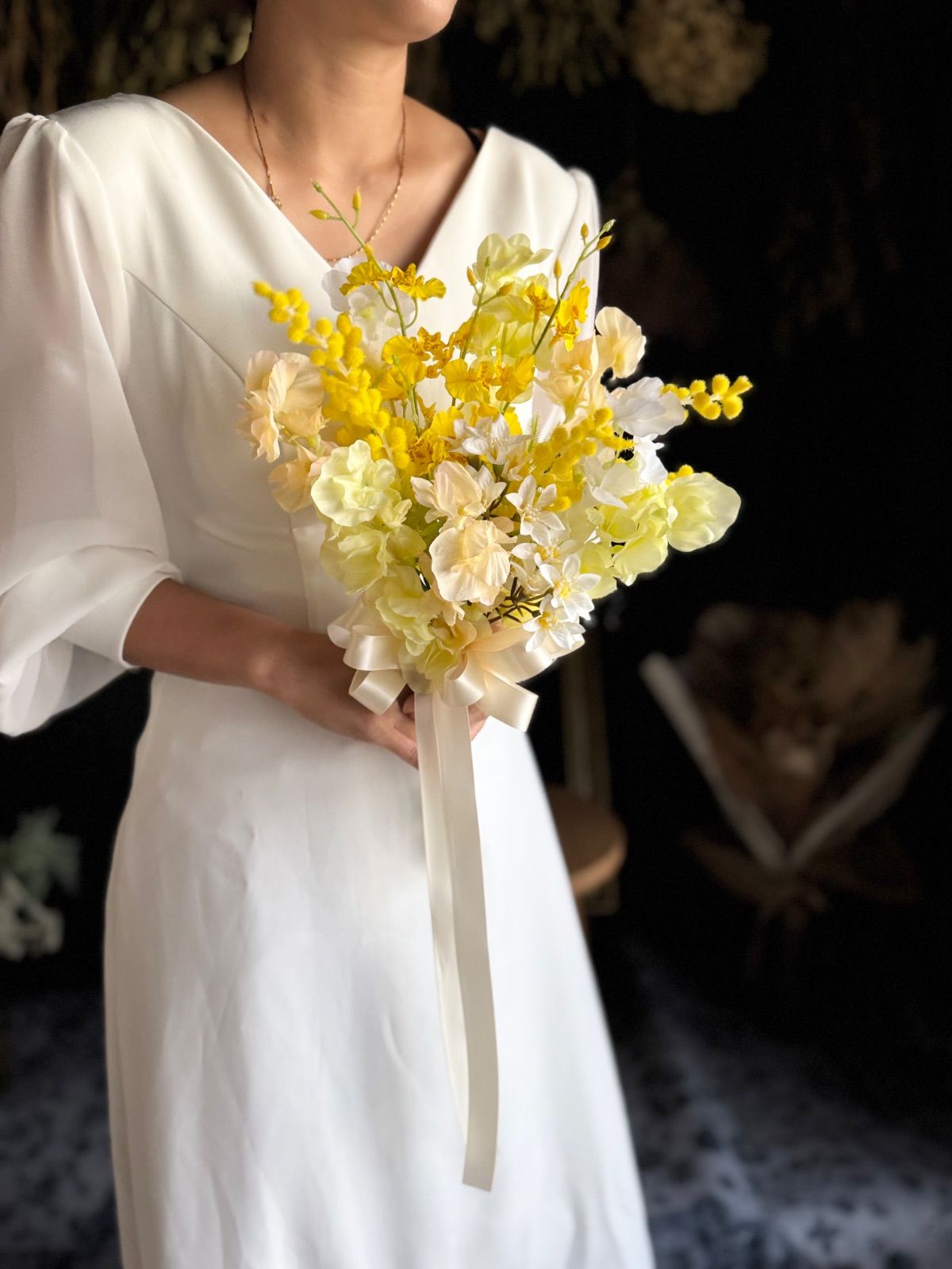 ミモザ×スイートピークラッチブーケ☆ブートニア