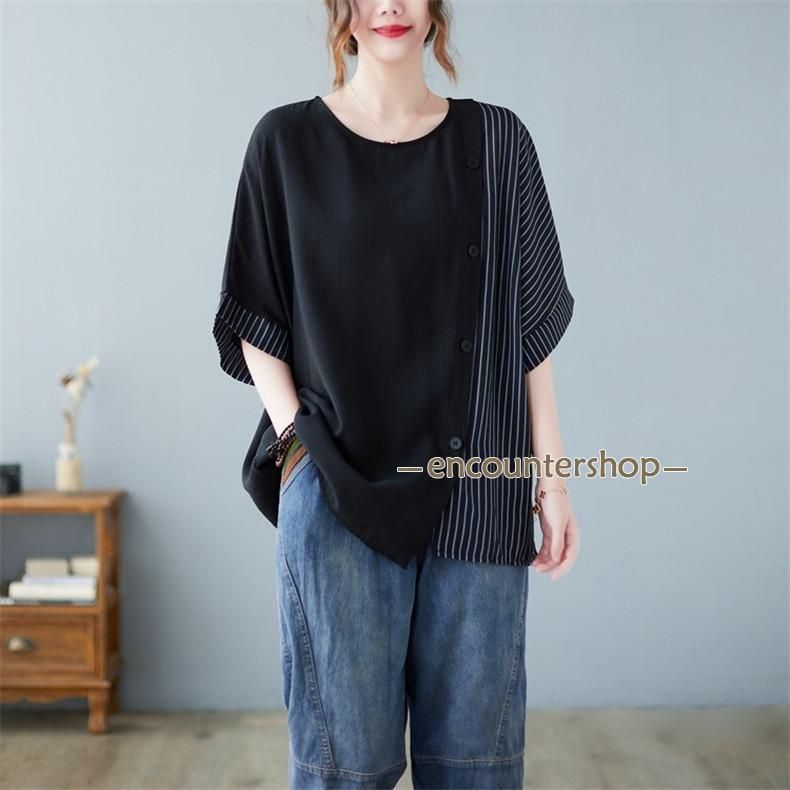 シャツ レディース 夏 春 トップス 半袖 オーバーサイズ パネル切り替え ストライプシャツ  大きいサイズ ドロップショルダー 韓国 ファッション シャツ レディース 夏 春 トップス 半袖 オーバーサイズ パネル