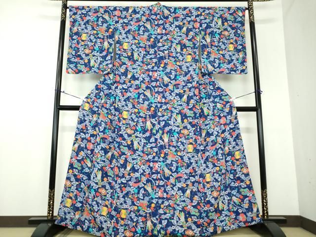 平和屋着物○上質な小紋 紅型 矢羽 扇面文箱花文 反端付き 正絹 逸品