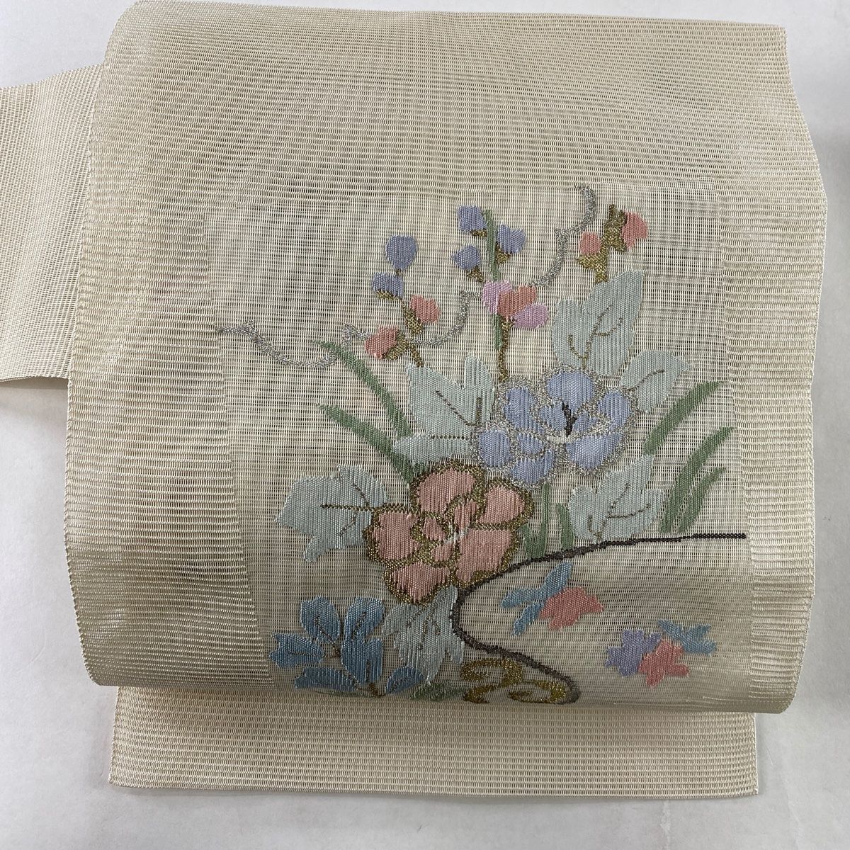 名古屋帯 美品 秀品 夏帯 絽 草花 流水 金銀糸 クリーム 正絹 【中古