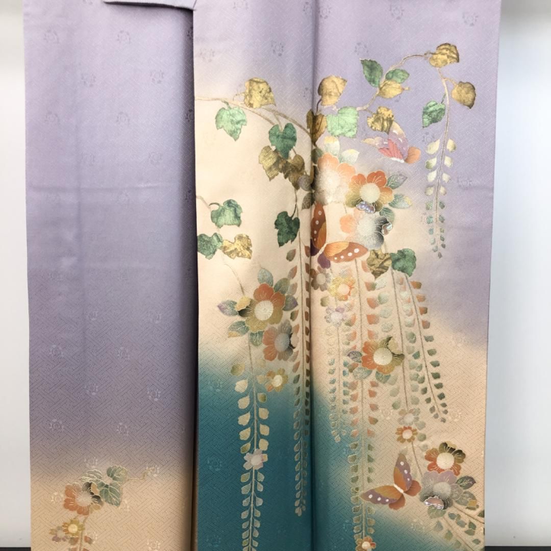 訪問着 辻が花模様 蝶々 螺鈿 金銀彩 グラデーション 紫鼠色 K-4570  
