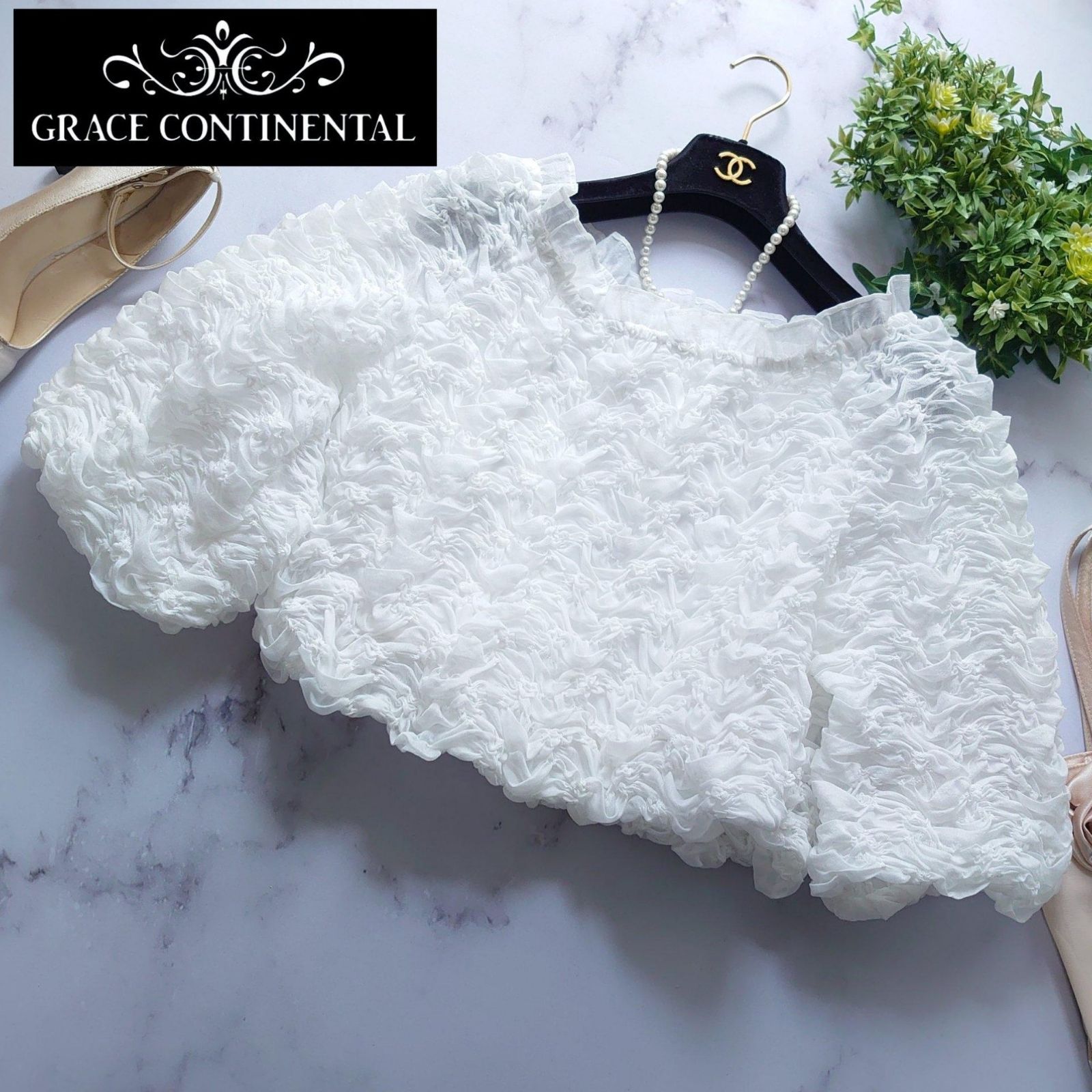 2025SS グレースコンチネンタル シャーリングトップ フリル ホワイト 36
