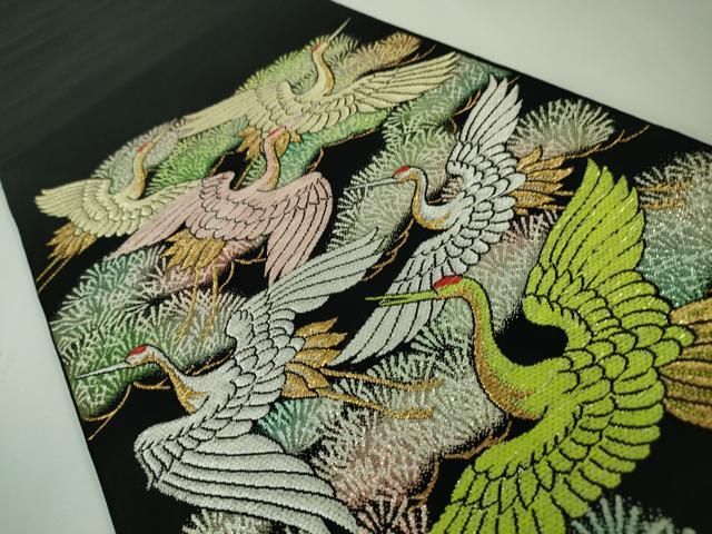 平和屋本店□極上 龍村美術織物 たつむら 太鼓柄 本袋帯 松鶴錦 黒地