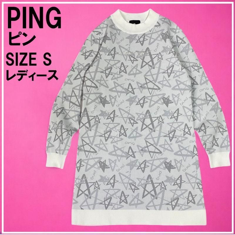 PING ピン 2023年モデル 長袖 ニット ワンピース 星柄 ホワイト S PING ピン 2023年モデル 長袖 ニット ワンピース 星柄 ホワイト